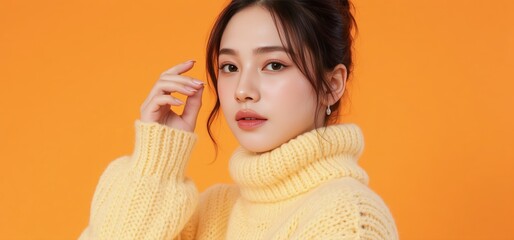A high-fashion beauty portrait featuring a woman in oversized pastel clothing, with fresh, glowing skin and delicate makeup against an orange background.