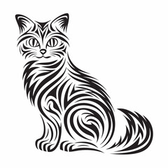 Black and white cat vector illustration, cute cartoon kitten sitting with a fluffy tail, simple outline design, playful and adorable pet drawing
