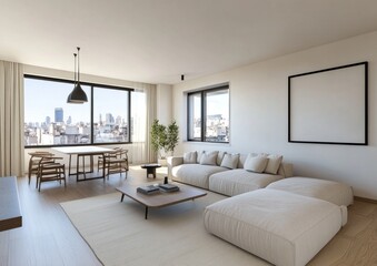 Fototapeta premium Modern living room features city views with contemporary furnishings and design