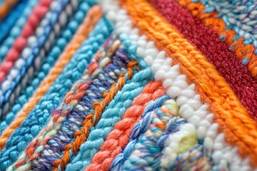 Close-up of handmade knitted texture with colorful lines and various stitching. Use it as background, textiles design, fashion concept, or abstract.