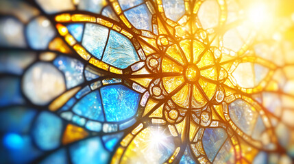 Fototapeta premium Stunning stained glass window featuring colorful panels and intricate designs that create a beautiful display of light and color.