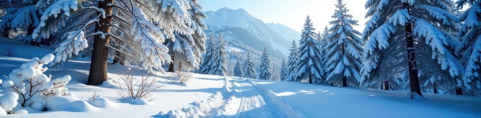Snow-covered forest with frozen tree branches and bare trees, mountain wilderness, cold weather conditions, serene environment