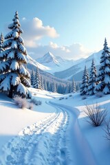Fototapeta premium Snow-covered landscape with trees and hills in the background, landscape, winter