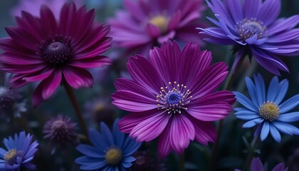 Obraz premium Captivating close up showcasing vibrant purple daisy flowers in full bloom, displaying intricate petal patterns and pollen details in a garden setting, creating a visually stunning floral arrangement.
