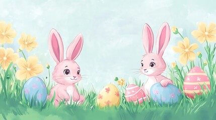 Fototapeta premium Easter bunnies with eggs, and spring flowers.