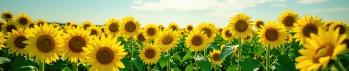 Fototapeta premium Sunflower fields with tall stalks swaying in breeze, summer, agriculture, fields