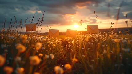Envelopes in a vibrant sunset field filled with flowers, symbolizing communication and connection