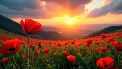 Sun rises over a vast landscape with a red poppy in the foreground, flowers, sunrise