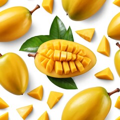 Fototapeta premium Fresh Yellow Mangoes, Sliced and Whole