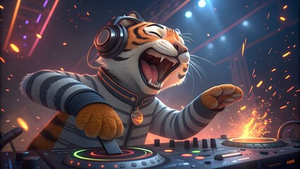 Tiger DJ: A lively tiger wearing headphones and dressed like a DJ mixes music on a deck, capturing the energy and excitement of a vibrant party scene with animated artistry.