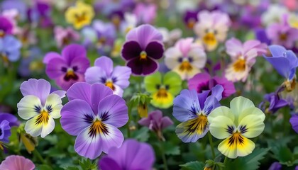 Fototapeta premium Captivating field of colorful pansies displaying vibrant hues of purple, yellow, and white in full bloom, creating a cheerful spring floral display and adding beauty to nature.