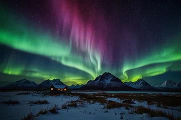 Printed kitchen splashbacks Magical Aurora Borealis over a Cabin in the Snowy Mountains