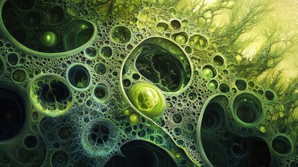 Green fractal art with spheres and bubble-like structures throughout it. Perfect for backgrounds, science, nature or abstract design projects.
