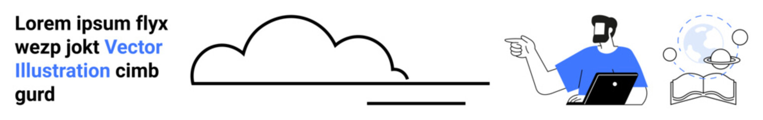 Cloud shape, man with laptop gesturing, open book, floating particles, placeholder text. Ideal for cloud computing, education, learning, ideas technology teamwork flat landing page banner