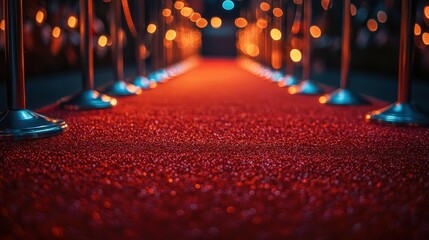 Red carpet with silver stanchions and blurred bokeh lights in the background. Ideal for upscale events, premieres, or VIP experiences design projects.