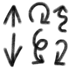 Black directional arrows and swirls graphics on white background