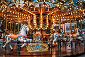 Classic carousel with decorated horses and glowing lights in an amusement park setting, featuring a nostalgic atmosphere, with a creative background. Ai generative