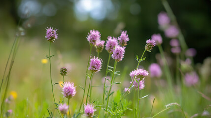Obraz premium Vibrant Pink Wildflowers Blooming in Lush Green Meadow Landscape