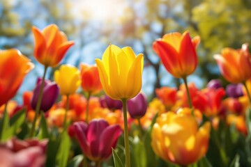 Obraz premium Colorful tulips in full bloom with a blurred natural background, illuminated by sunlight. A creative depiction of springtime beauty and floral elegance. Ai generative