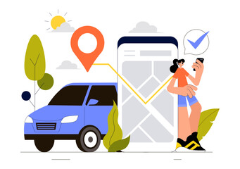 Vehicle Tracking Vector Illustration Featuring Workers Loading Products, Smart Logistics on Trucks, and Delivery Management Using a Smartphone