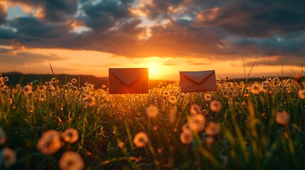 Two envelopes resting in a vibrant field of dandelions under a stunning sunset, symbolizing communication