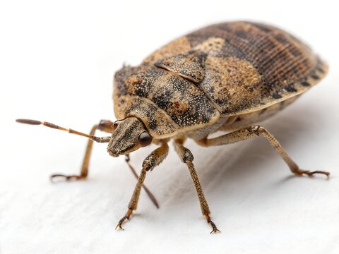 close up of a carpet bug on white background
