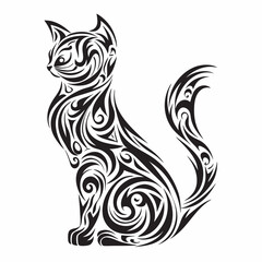 Black and white cat tribal vector design with wild animal elements like tiger, dragon, and eagle in a silhouette style