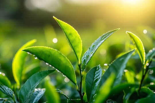 Fresh green tea leaves with morning dew.