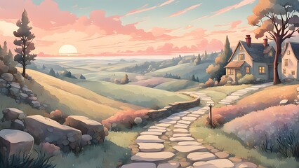 A picturesque stone pathway leads a charming cottage nestled rolling hills, bathed warm glow a sunset.