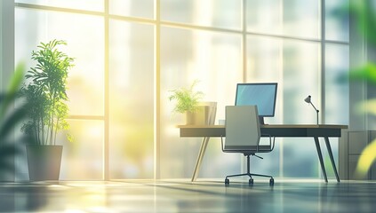 Sunny office desk with city view, plants and computer