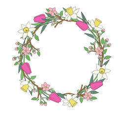 Fototapeta premium Circle frame Flower wreath of blossoming tree branches, daffodils and tulips.