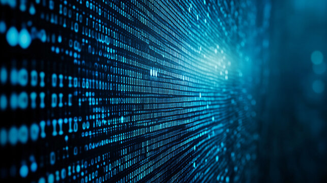 Futuristic display of binary code representing digital data flow in a cool blue light creating a modern technological aesthetic.
