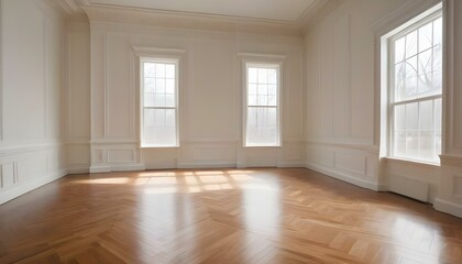 A wide-angle shot of an empty room with white walls and a herringbone wood floor