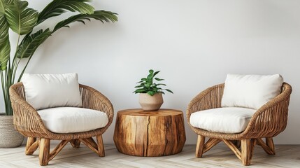 Cozy interior features two wicker chairs and wood table