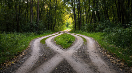 Fototapeta premium Serene Crossroads in Lush Green Forest During Tranquil Daytime