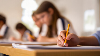 Focused students taking a test in a bright classroom