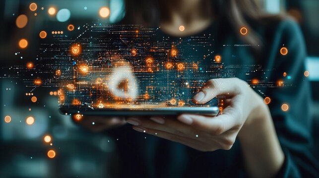Woman Holding Tablet, Holographic Data