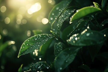 Dew-covered tea leaves in sunlight. (1)