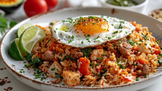 Sri Lankan kottu egg and vegetables finely chopped and plated neatly on white background