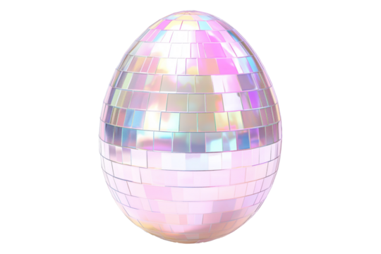 A shimmering egg covered in iridescent mirror tiles reflecting light, isolated on white transparent background. Concept of luxury, festivity, and elegance