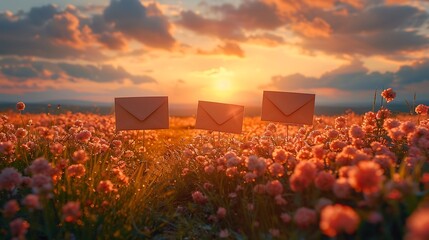 Envelopes floating above a vibrant flower field at sunset, symbolizing communication and nature's beauty