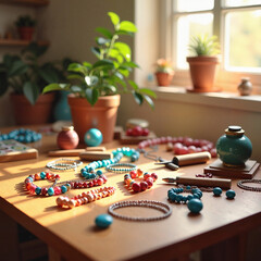 Fototapeta premium Colorful jewelry-making workspace in sunlit room, creativity and craftsmanship