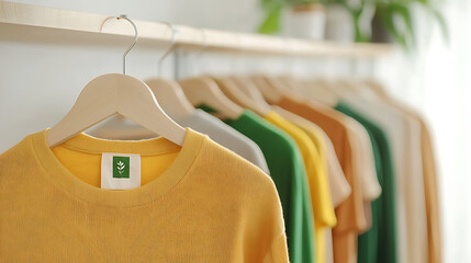 Obraz premium Bright and colorful clothing displayed on hangers, showcasing variety of styles and colors in modern setting