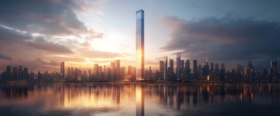 Naklejka premium Modern City Skyline Sunrise Skyscraper