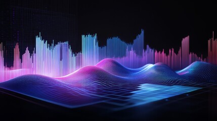 3D rendering of financial market candlestick chart with glowing blue and purple bars, wave patterns, and geometric shapes on dark background. Concept of trading, analysis, and technology