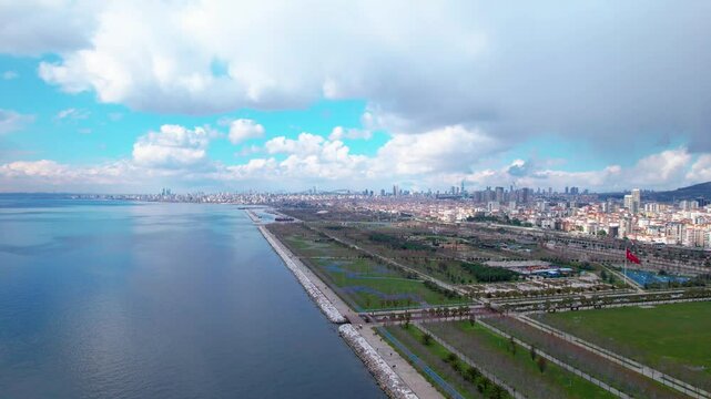 Maltepe District in Istanbul, Turkey. Beautiful aerial view with drone shot. Maltepe coast and general city view.