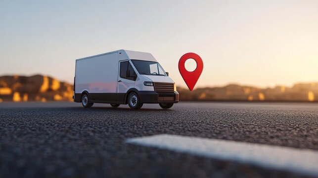 Delivery van on asphalt road, red location pointer on white background. Concept of parcel and navigation. Mockup copy space, 3D rendering