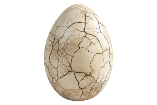 Large cracked dinosaur chicken egg with textured surface and detailed fractures, isolated on white transparent background. Concept of prehistoric life and hatching