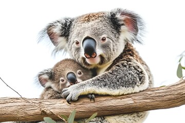 Fototapeta premium Mother koala embracing her baby while sitting on a branch against a white background