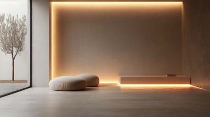 Fototapeta premium Modern Minimalist Interior with Warm Lighting and Olive Tree View